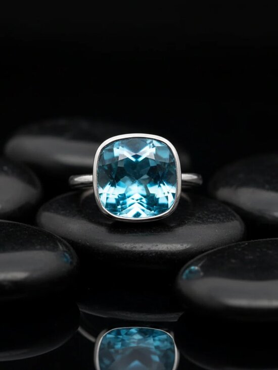 Cushion Cut Halo Blue Topaz & Diamond Engagement Ring 14k  Classic Blue Topaz 14K (18K Custom) White Gold Cushion Cut Ring